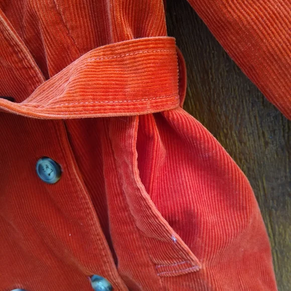 L.L. Bean Burnt Orange Corduroy Belted Trench Coat Pea Coat Size XS Petite - Picture 7 of 15